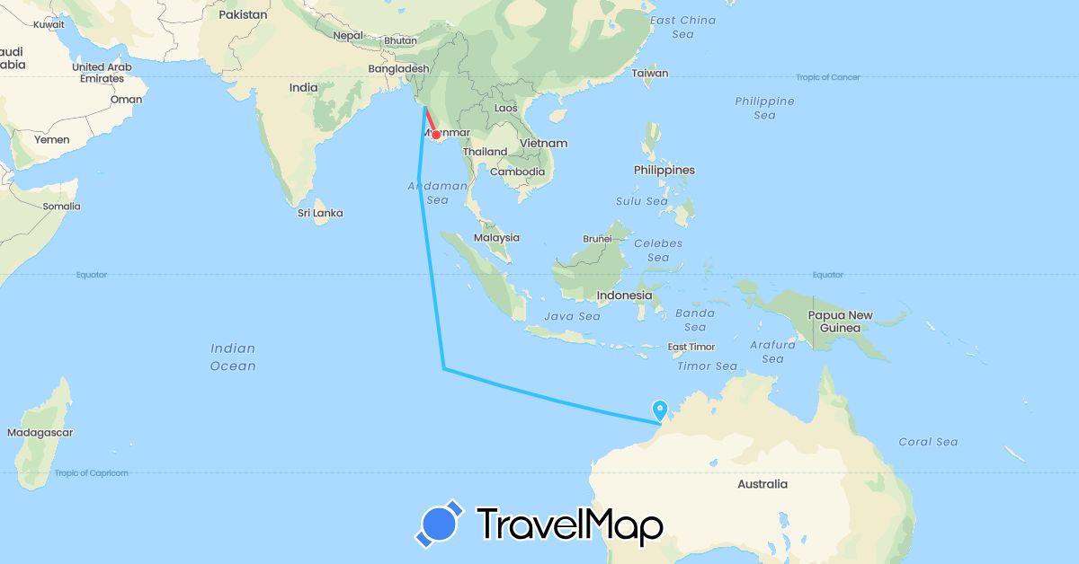 TravelMap itinerary: driving, hiking, boat in Australia, Bangladesh, India, Myanmar (Burma) (Asia, Oceania)
